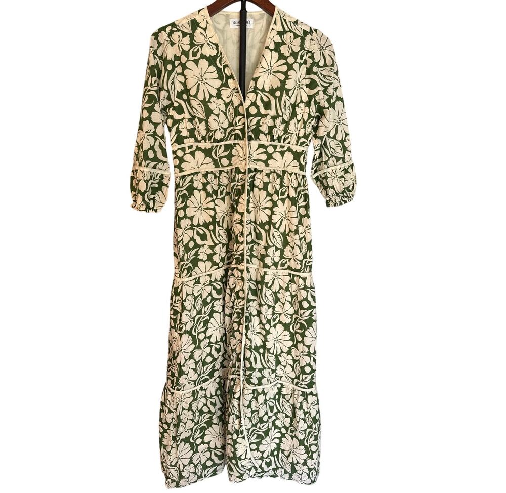 Beau & Ro Lynn Green & Cream Floral Cotton Tiered Maxi Dress Button Front XS